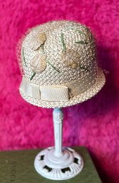 Vintage 1950s Eva Mae Straw Cloche Hat With Green Embroidery & Netting