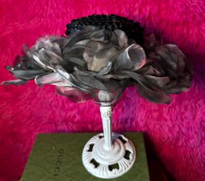 Vintage Gaby Varon Exclusive Black Straw Hat With Dramatic Floral Trim  Size 22