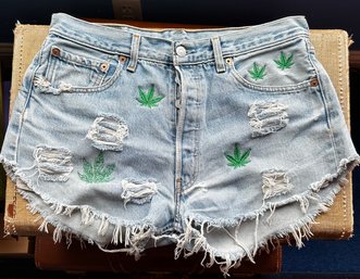 Vintage UpCycled LEVI's Cutoffs  Custom Embroidered Denim With Frayed Edge Detail
