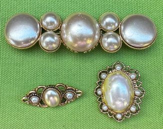 Vintage Faux Pearl Brooch Lot  1 Barrette & 2 Pins