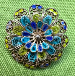 (J310) Vintage Italian 800 Silver Filigree & Enamel Floral Brooch  Blue, Green & Yellow