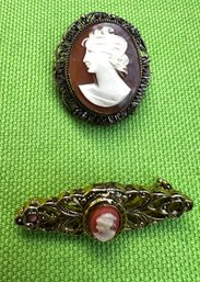 Vintage Cameo Duo  Brooch & Bar Pin With Filigree Detail