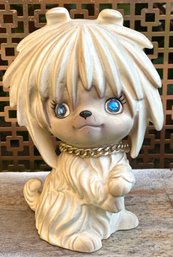 Vintage 1970s Ceramic Puppy Bank  Big Blue Eyes, With Gold Chain