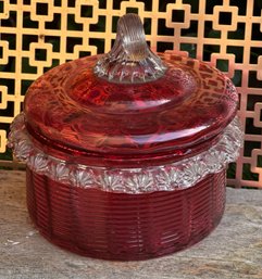 Vintage Ruby Red Pressed Glass Candy Dish With Lid  Depression Era Style