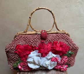 Vintage 1950s Bamboo Handle Floral Raffia Handbag