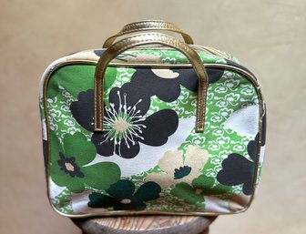 Vintage 1960s Floral Vinyl Mod Travel Case W/ Metallic Gold Handles