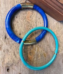 (B47) Cabana Colors  Vintage Blue & Turquoise Hinged Bangles (Set Of 2)
