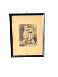 Antique Signed Etching Of Two Terrier Dogs