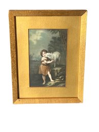 Antique 19th Century Lithograph Of Young Child With A Lamb