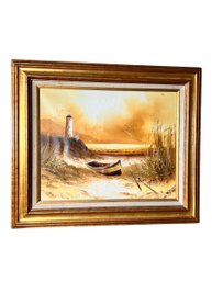 Vintage Oil On Canvas Of Cape Dune Scene With Lighthouse