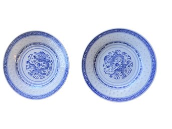 Pair Of Vintage Blue And White Jingdezhen Rice Eye Dragon Plates