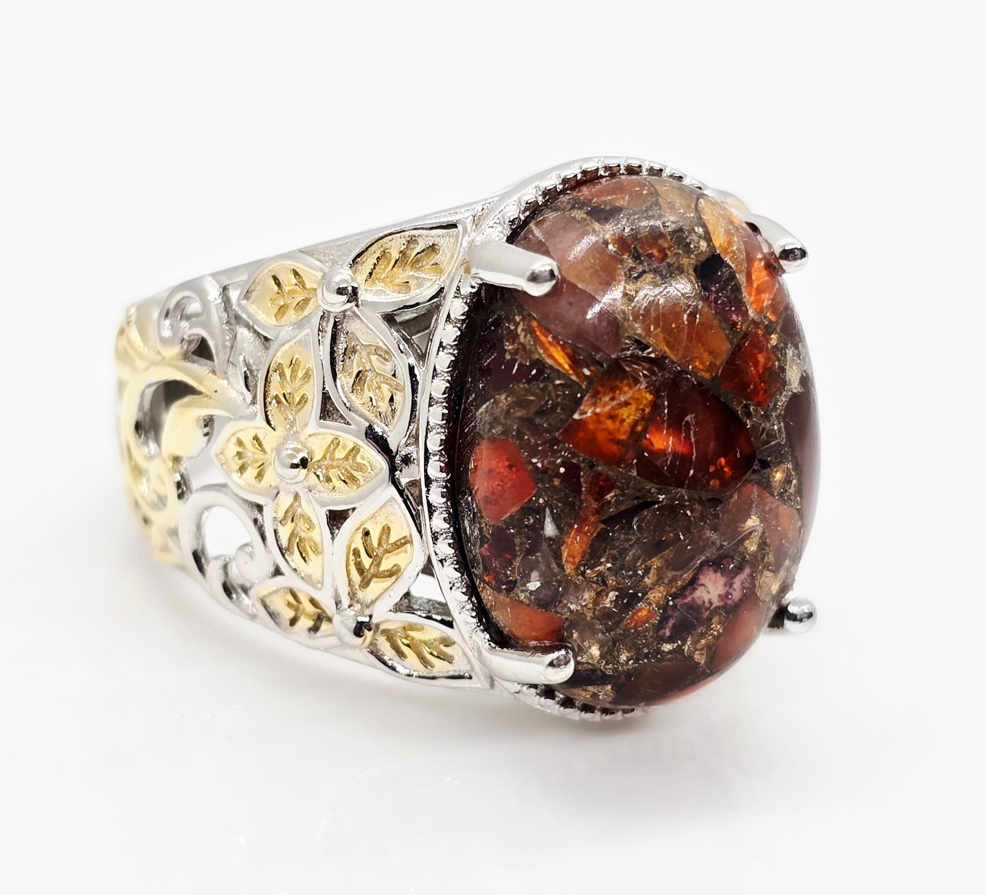 Matrix Fire Opal Solitaire Ring In 14k Yellow Gold Over & Platinum Over ...