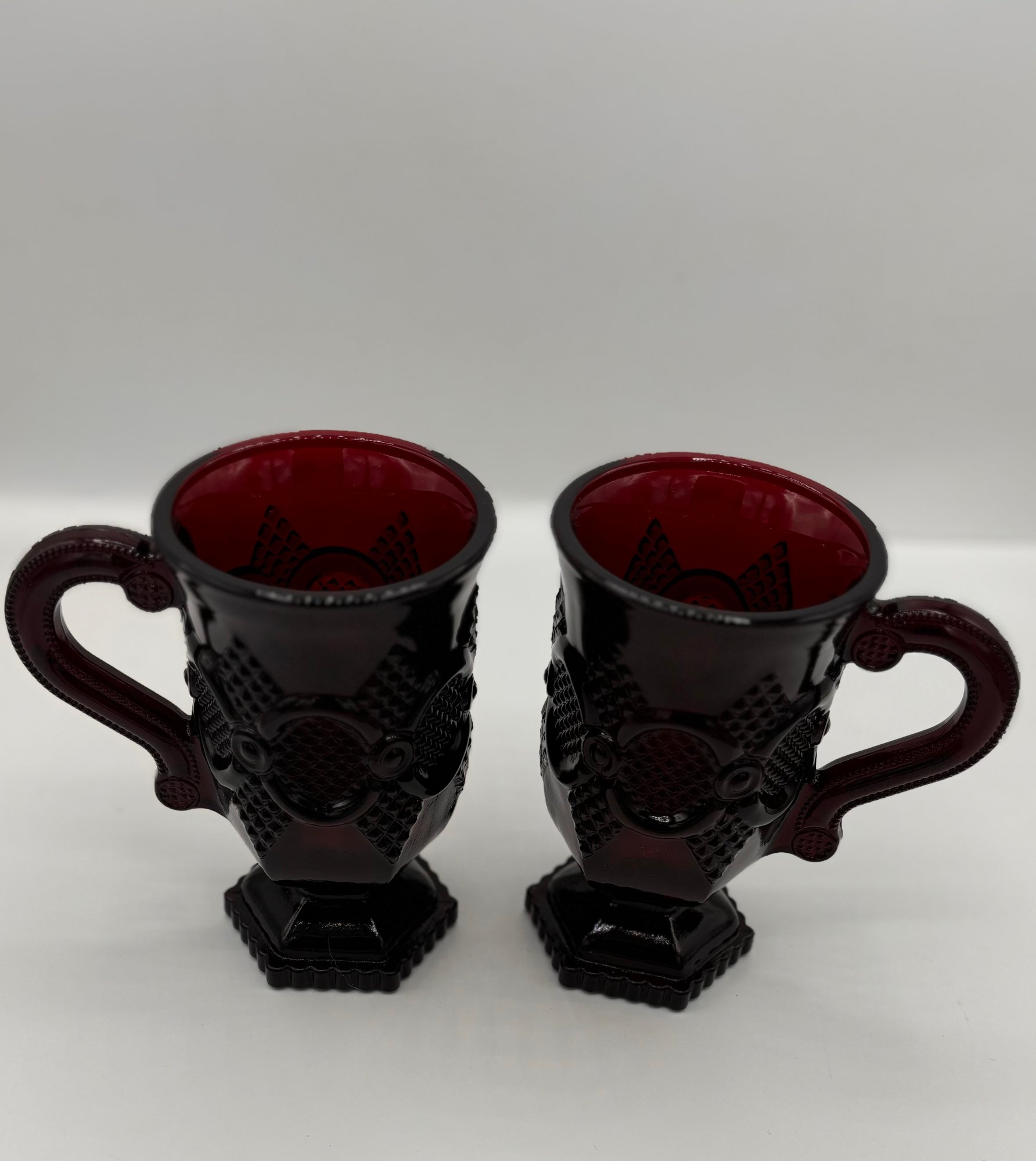 Vintage Avon Cape Cod Ruby Red Glassware Irish Coffee Mugs. Set Of Two
