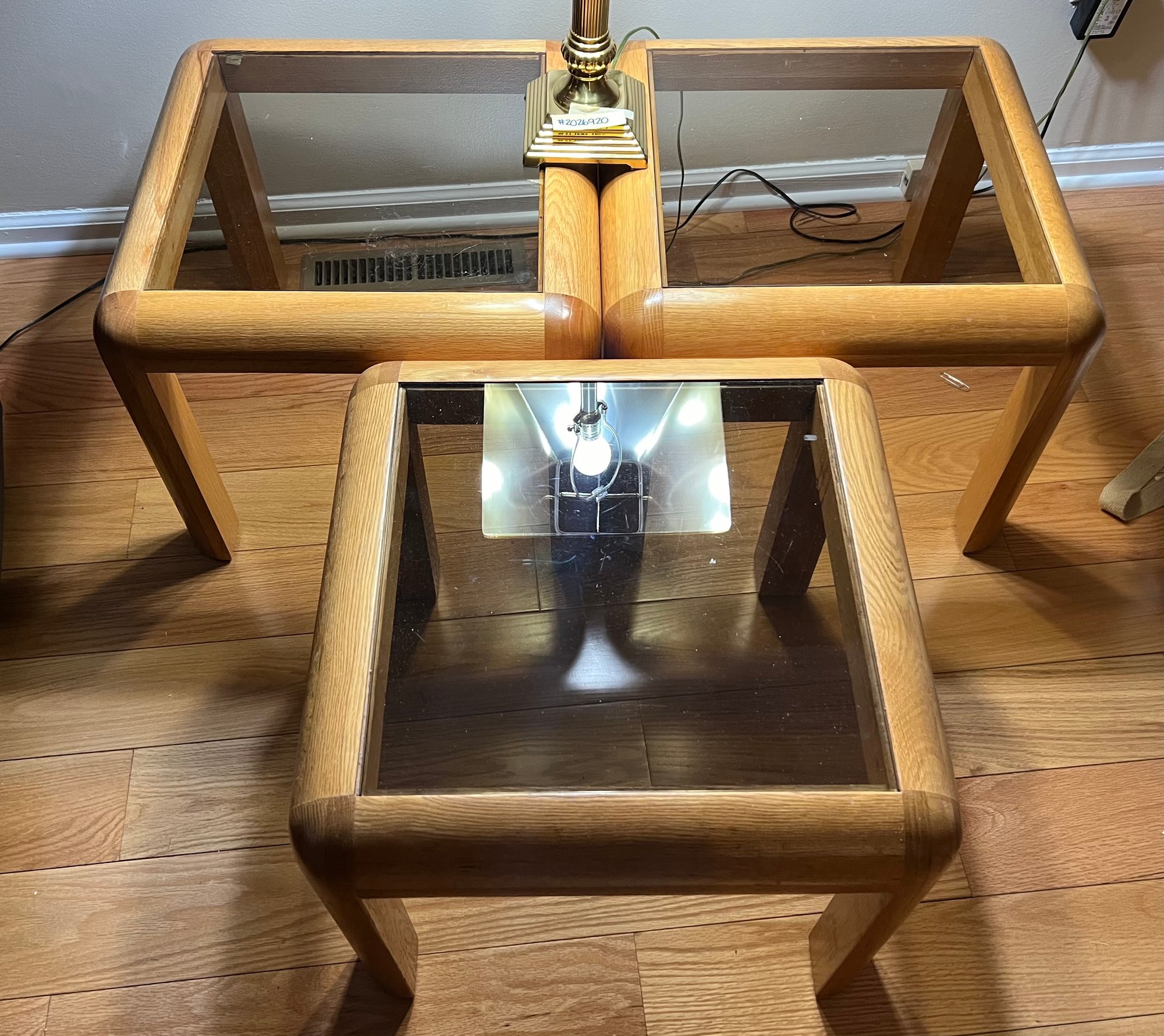Set Of 3 Glass Inlay Oak Side Tables #2029254 | Auctionninja.com