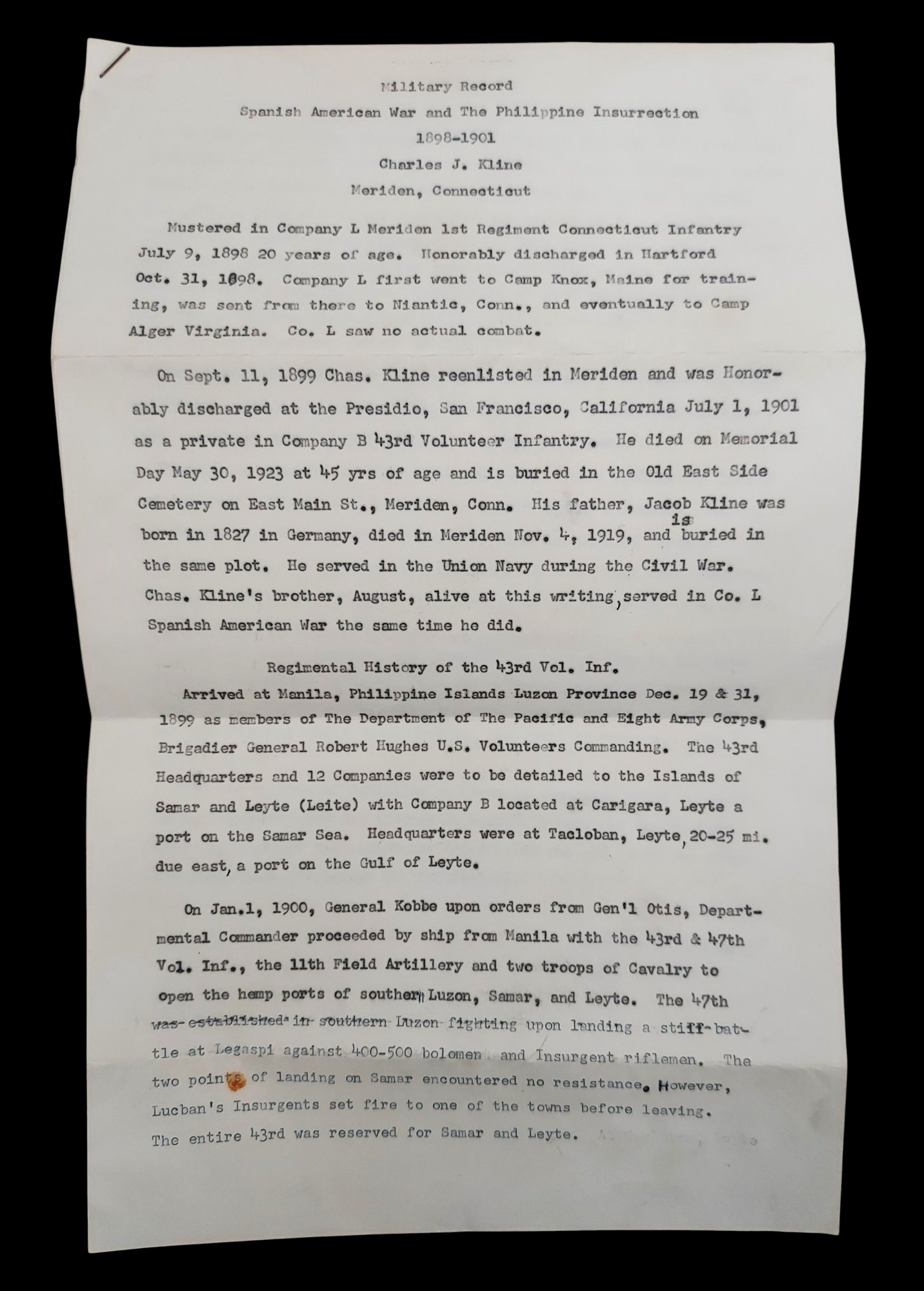 Vintage Typed Military Record Charles J Kline Meriden Ct Spanish