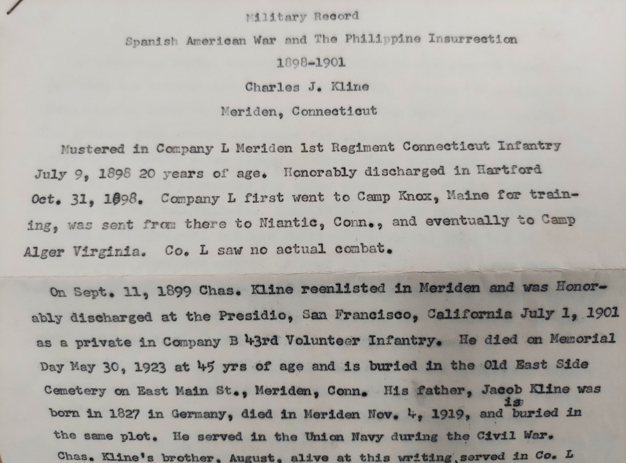 Vintage Typed Military Record Charles J Kline Meriden Ct Spanish(02)