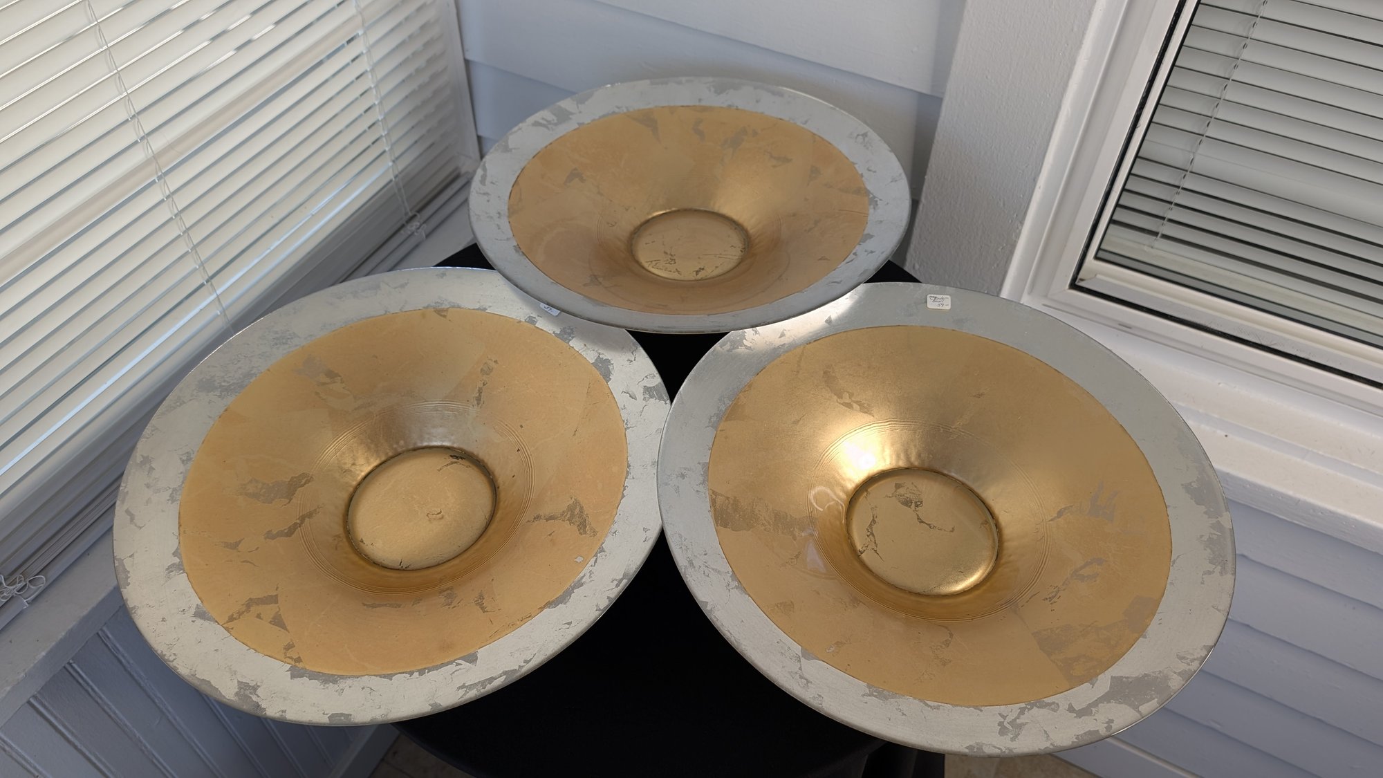 3 Italian Gold & Silver Leaf Glass Shallow Bowl / Platter Large