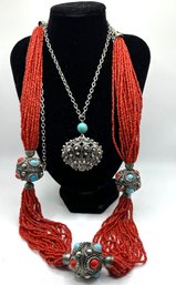 Two Fun Coral And Turquoise Toned Beaded Necklaces