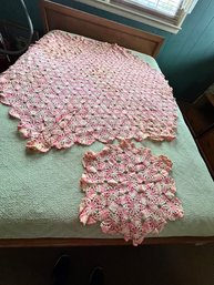 Pink And Beige Crocheted Tablecloth, With Centerpiece