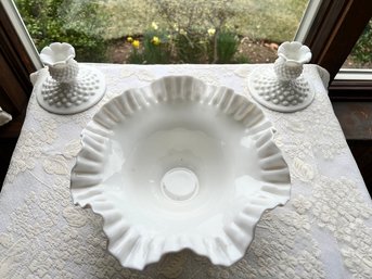 Fenton Hobnail Ruffled Bowl, With Candlesticks