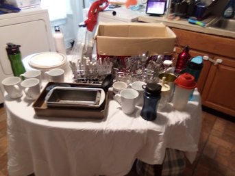 Miscellaneous Lot Of Kitchen Utensils Cups Plates Silverware