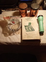 Lot Of 5 Items 2 Tins,dryer Cord, Vintage Upholstery Repair Kit And Flashlight