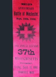 1890 Civil War 37th Massachusetts Infantry Regiment 26th Anniversary Battle Of Winchester 20th Reunion Ribbon