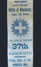 1891 Civil War 37th Massachusetts Infantry Regiment 27th Anniversary Battle Of Winchester 21st Reunion Ribbon