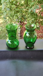2 Vintage Green Glass Bud Vases