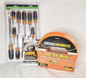 New - Pittsburgh 12 Piece Screwdriver Set, Western Safety Headlamp & PVC Air Hose