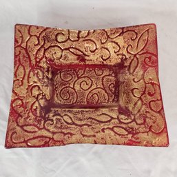 Decorative Red Colored Glass Dish With Gold Accents