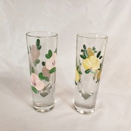 Pair Of Hand Painted Signed Floral Glasses- Made In Italy