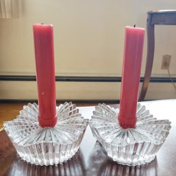 Pair Of Mikasa Motion Crystal Candlestick Holders With Red Taper Candles