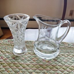 Vintage Krosno Poland Clear Columbine Flower Etched Glass Creamer & Small Cut Crystal Bud Vase