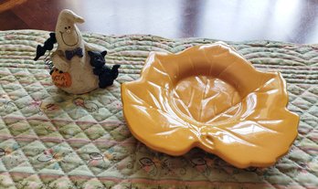 Hallmark Maple Leaf Tealight Holder & Adorable White Ghost With Bat And Black Cat