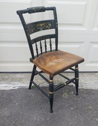 Ethan Allen Hitchcock Style Black Wooden Chair With Hand Painted Fruit Bowl Motif