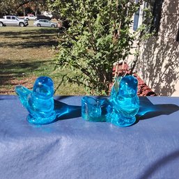 2 Blue Glass Birds Signed By Artist