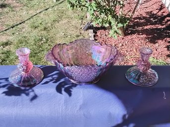 Fenton Iridescent Pink Glass Centerpiece Set