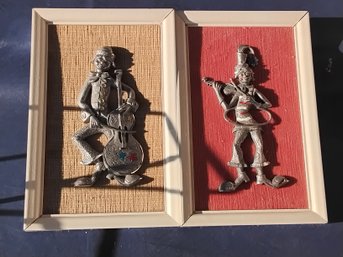 Framed Pewter On Wood Folk Art (clowns)