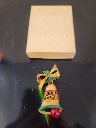 Gold Tone Christmas Bell Brooch
