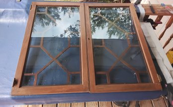2 Vintage Wood Framed Glass Cabinet Doors