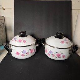 Pair Of Vintage Enamel Pots With Lids