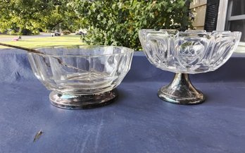 2 Glass Bowls With Silver Plate Base And Silver Plate Spatula