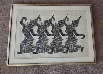 Framed Thai Temple Rubbing On Rice Paper