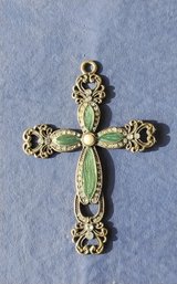 Vintage Brass Enamel And Jeweled Cross