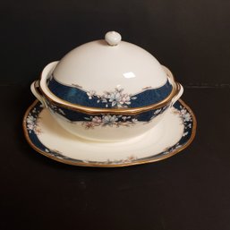 One, Noritake Covered Vegetable Bowl & Platter Japan Bone China 1985-1998 'Sandhurst' Blue Floral W/Gold