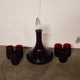 Vintage Red Glass Decanter With Matching Cordial Cups