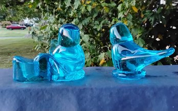 2 Blue Glass Birds Signed By Artist