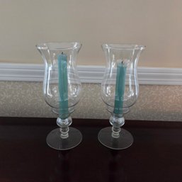 Pair Of Glass Candlestick Holders With Hurricane Tops
