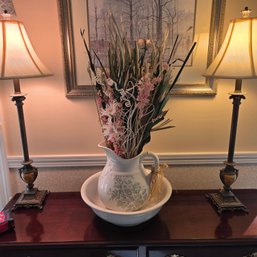 Ceramic Wash Basin & Pitcher With Faux Florals